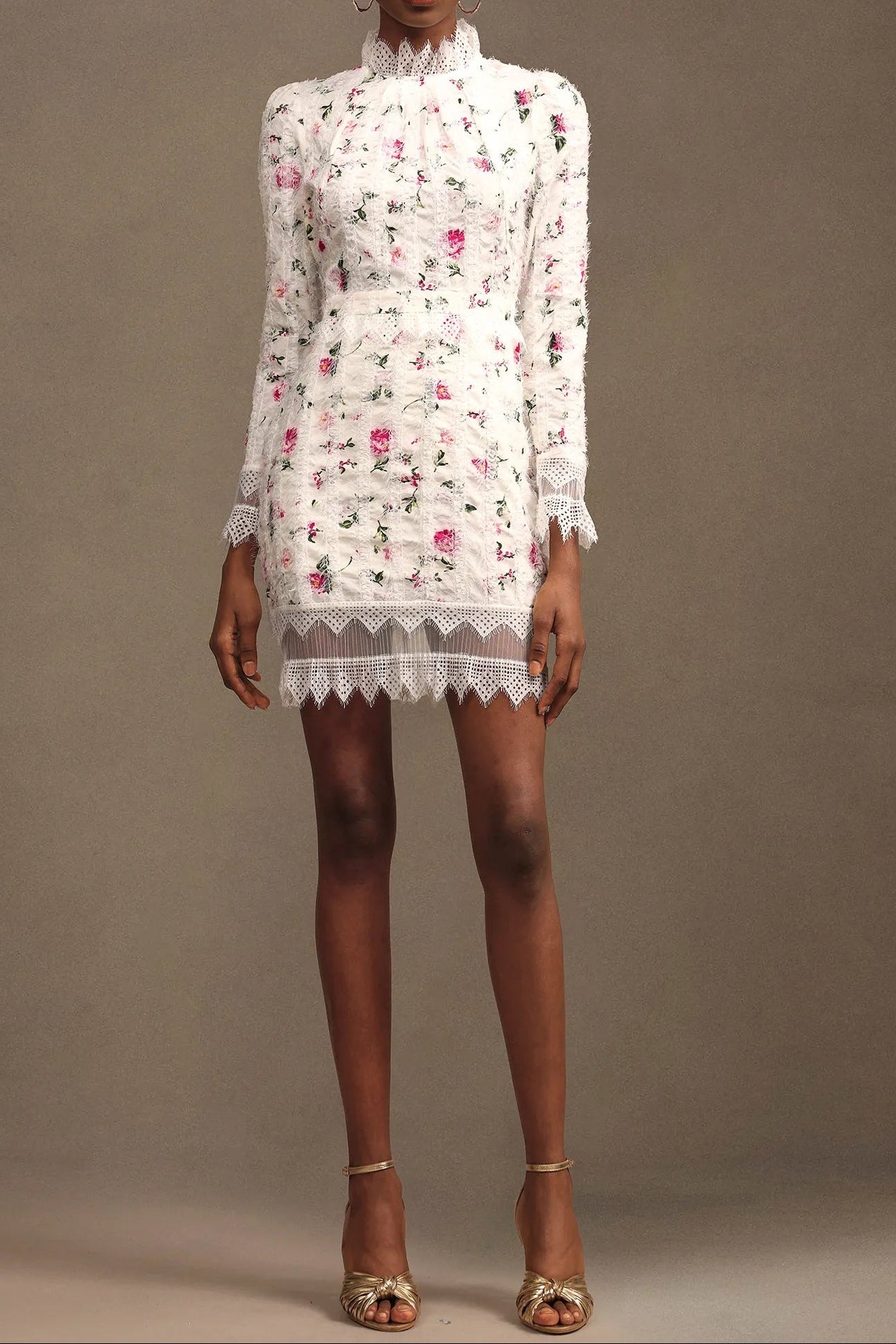 sebastiane Lace-trim long-sleeve floral midi dress in white