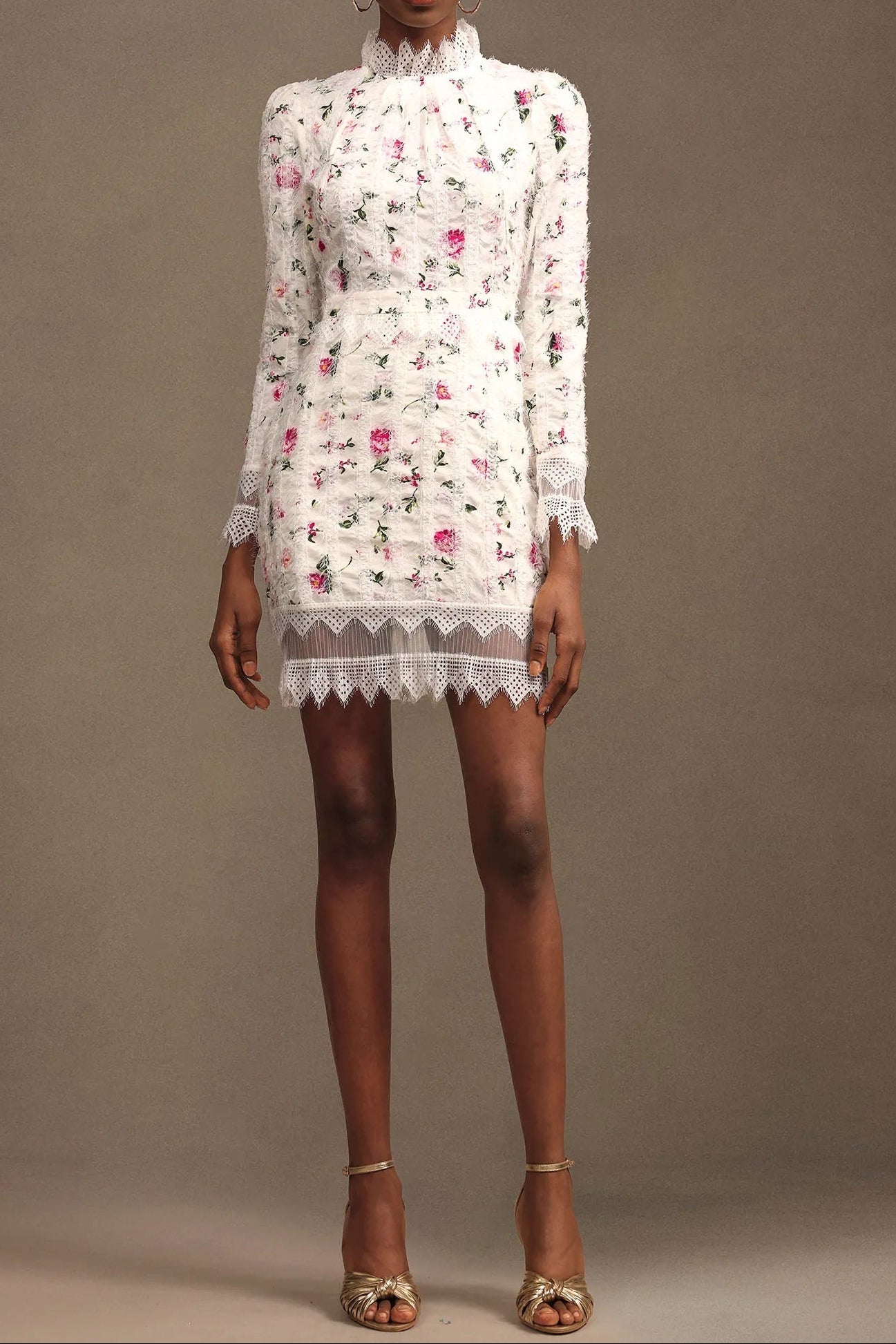 sebastiane Lace-trim long-sleeve floral midi dress in white Avalabel