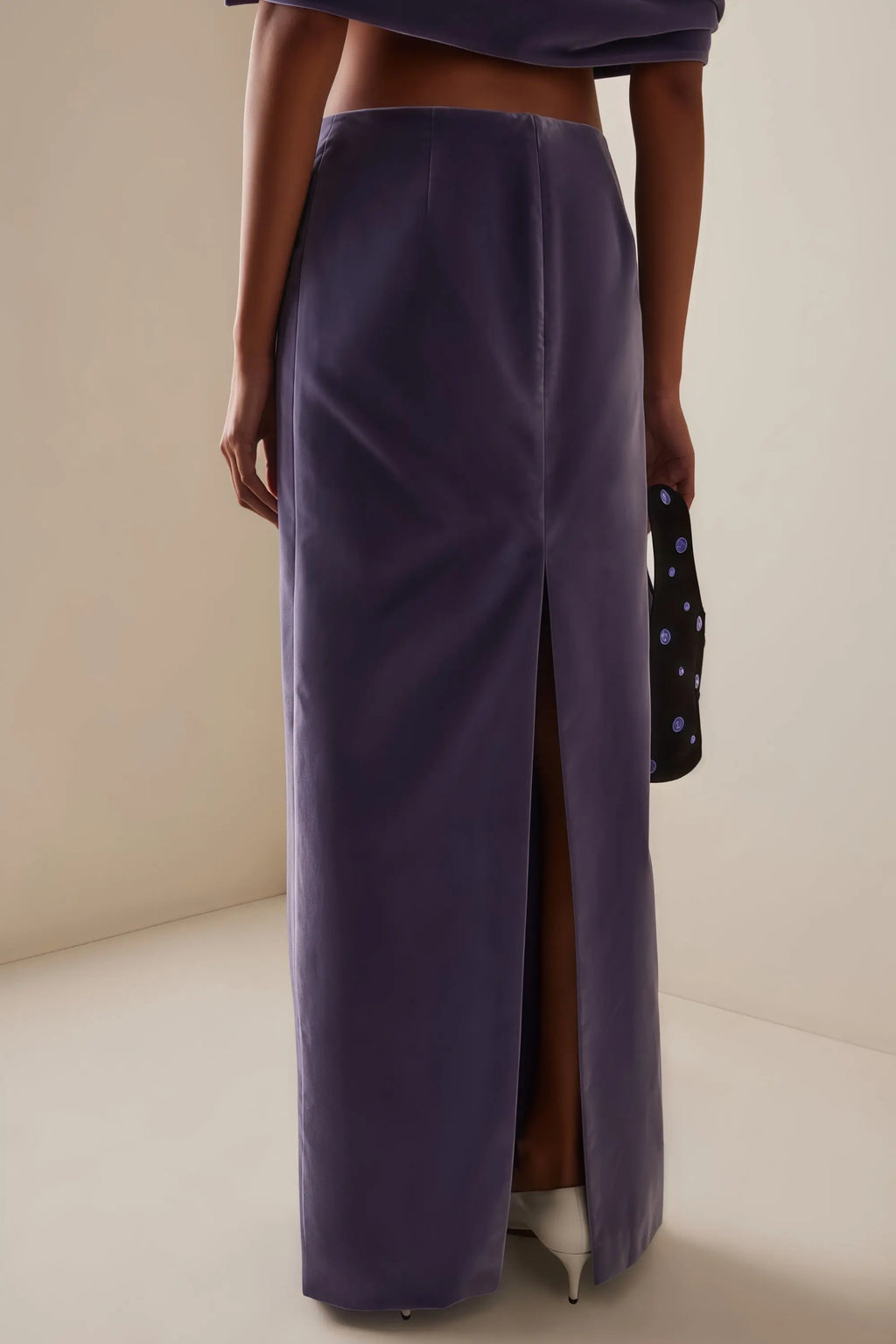purple Asymmetrical cropped top velvet skirt two-piece set Avalabel