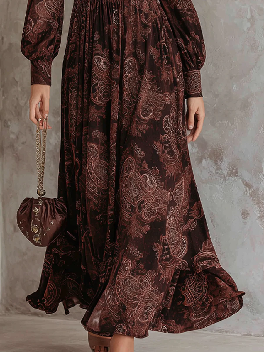 Brown Paisley Zippered Waist Maxi Dress Avalabel