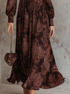Brown Paisley Zippered Waist Maxi Dress Avalabel