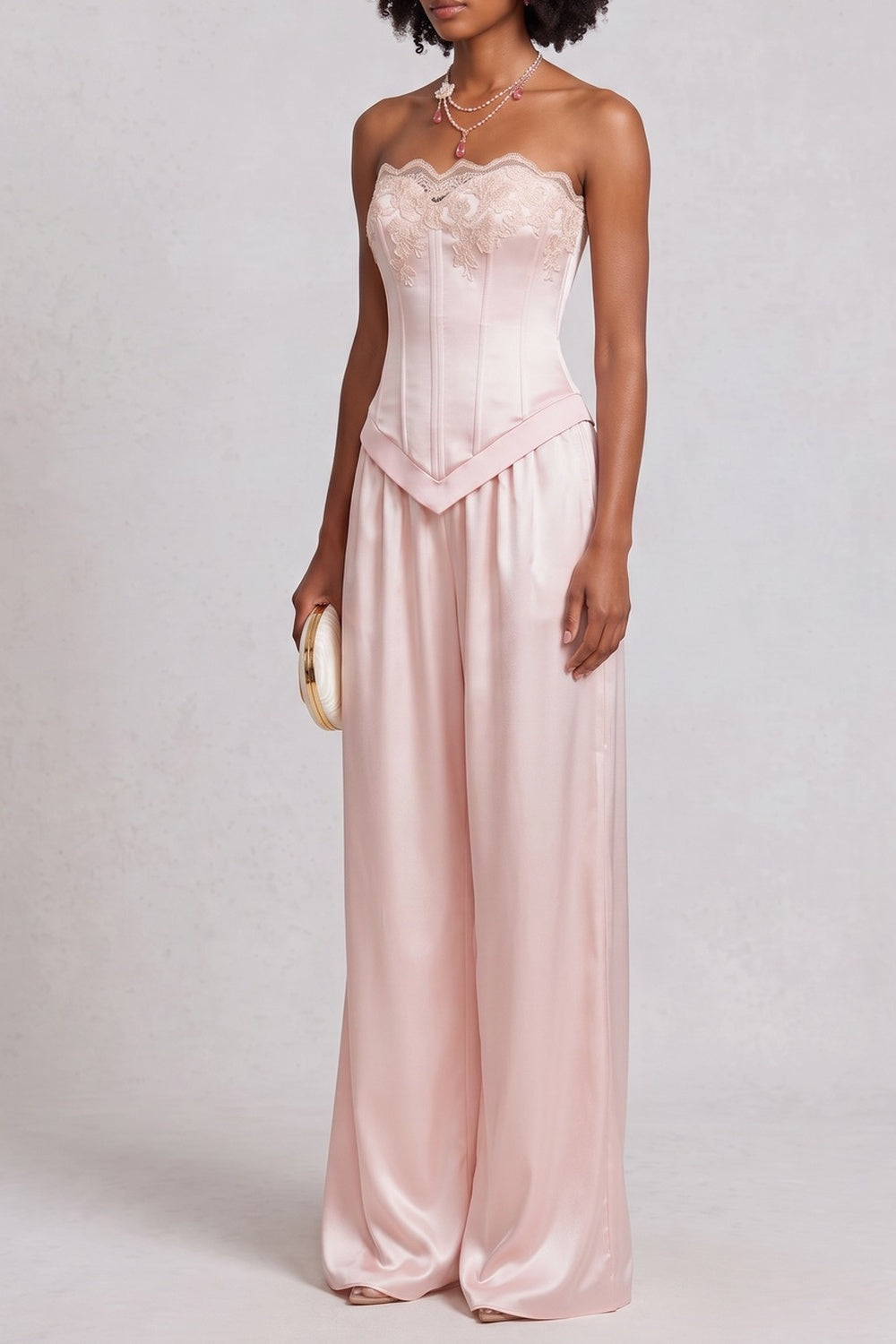 Strapless Lace Trim Satin Top & Wide Leg Pant Co-ord Set poava