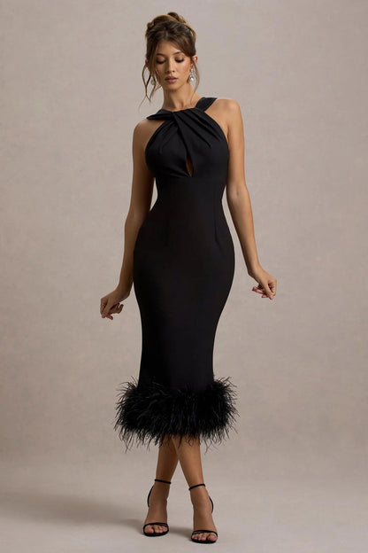 Jenny Black Twist-Neck Feather Hem Midi Dress