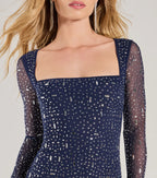 amanda navy Long Sleeve Rhinestone Mesh Mini Dress Avalabel