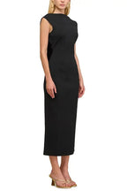 black sleeveless backless knit midi dress with two pleated golden embellishments Avalabel
