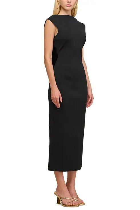 black sleeveless backless knit midi dress with two pleated golden embellishments Avalabel