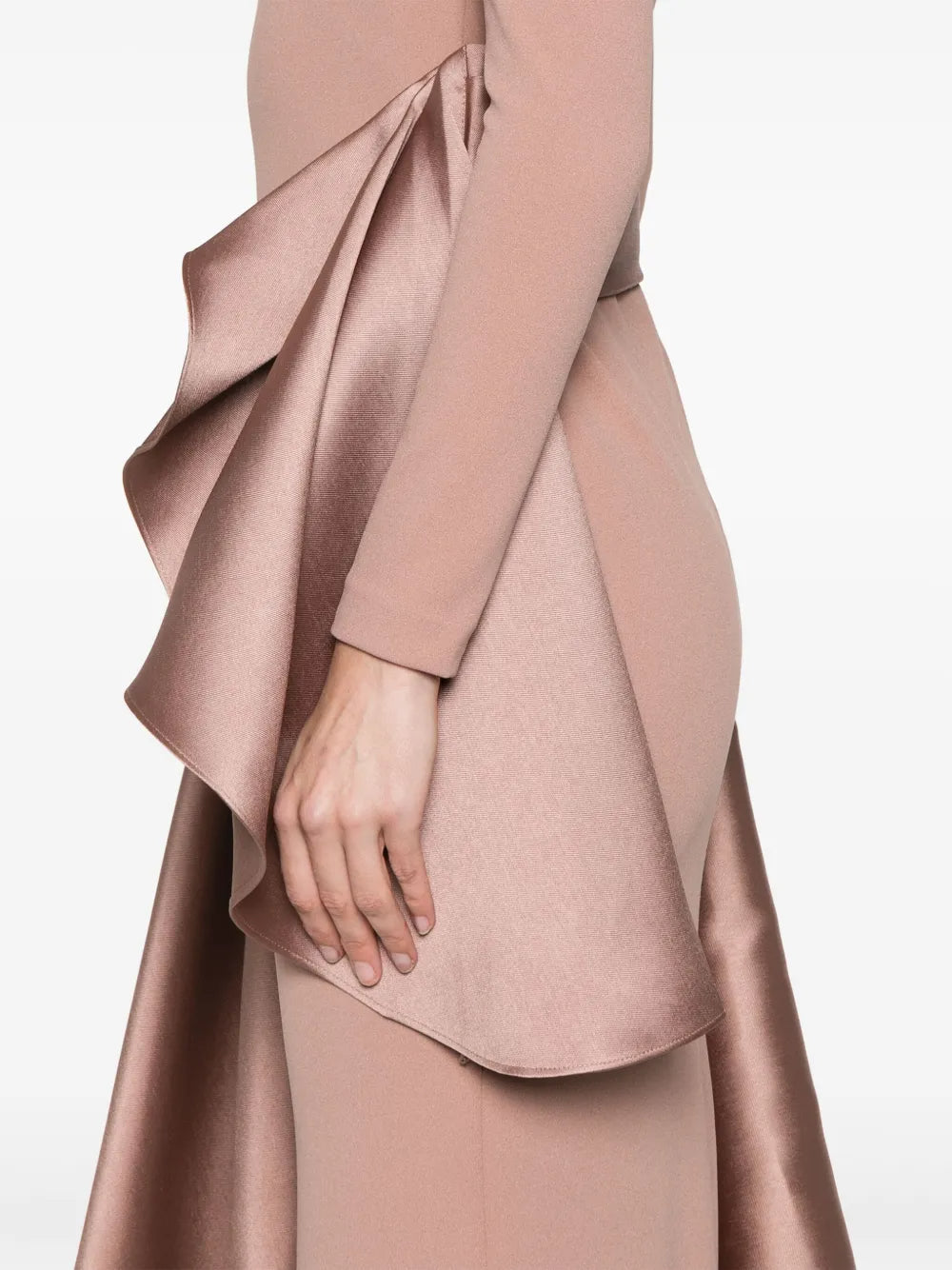 miranda ruffle trim long sleeve maxi dress in pink Avalabel