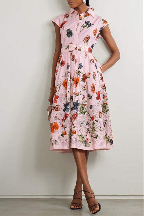 Belted Pleated Floral-Print Cotton-Poplin Midi Shirt Dress - Pink Avalabel