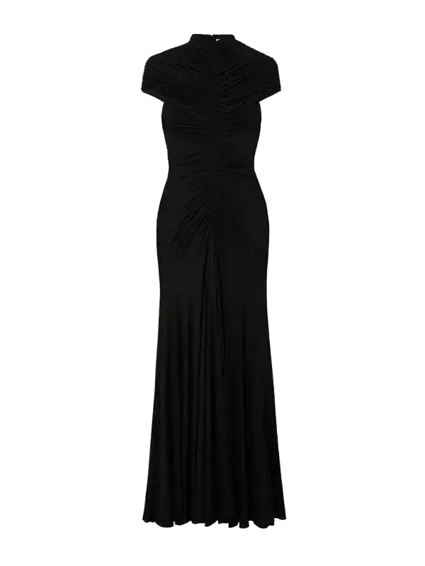 Lillian Gathered High-Neck Maxi Dress in Black