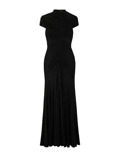 Lillian Gathered High-Neck Maxi Dress in Black