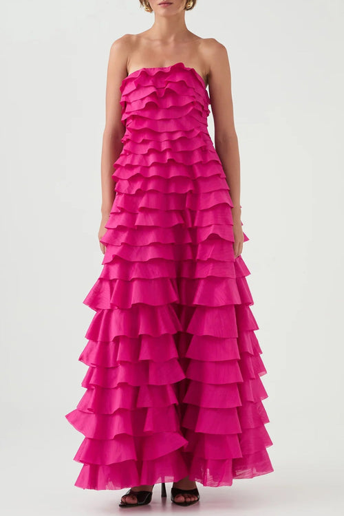 Cathy Pleated Layer Strapless Maxi Dress in Rose Red Avalabel