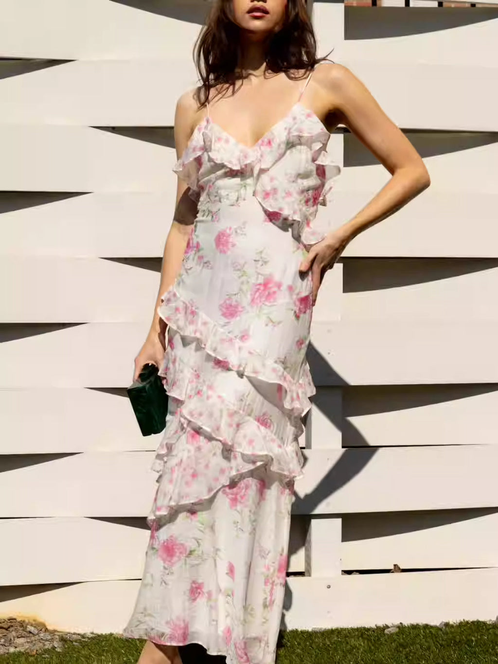 Floral Ruffle Tiered Maxi Dress - Pink & Lvory Avalabel