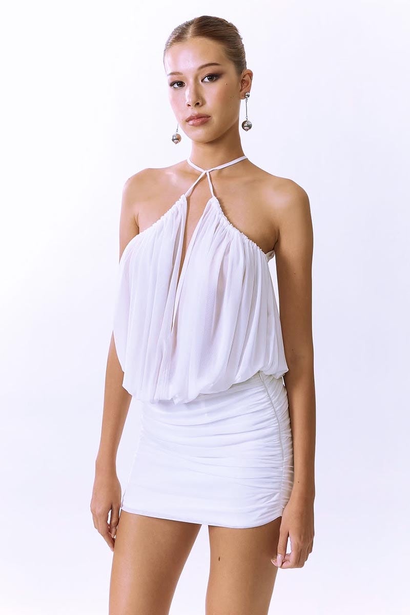 Cheryl Ruched Halter Bodycon Mini Dress in White Avalabel