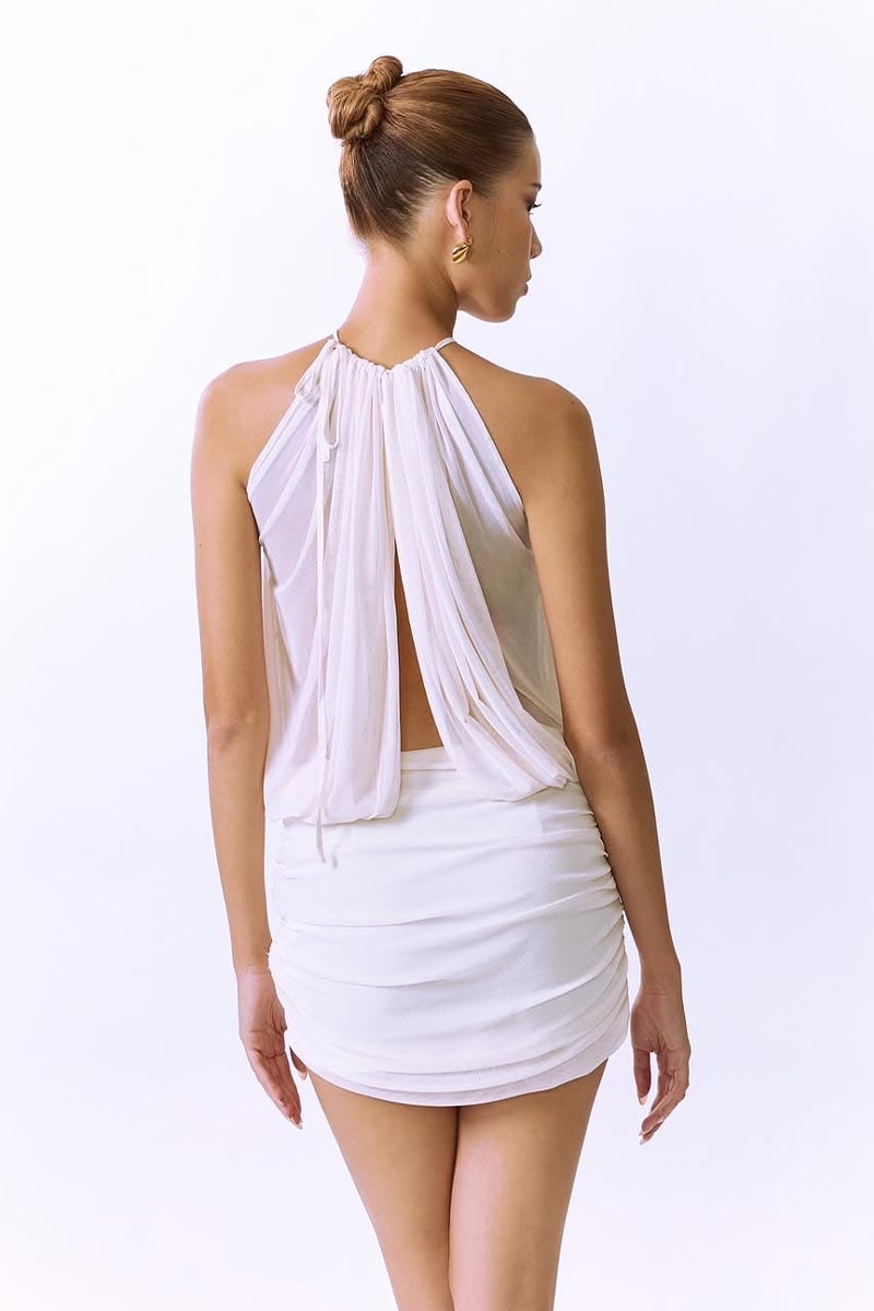 Cheryl Ruched Halter Bodycon Mini Dress in White Avalabel