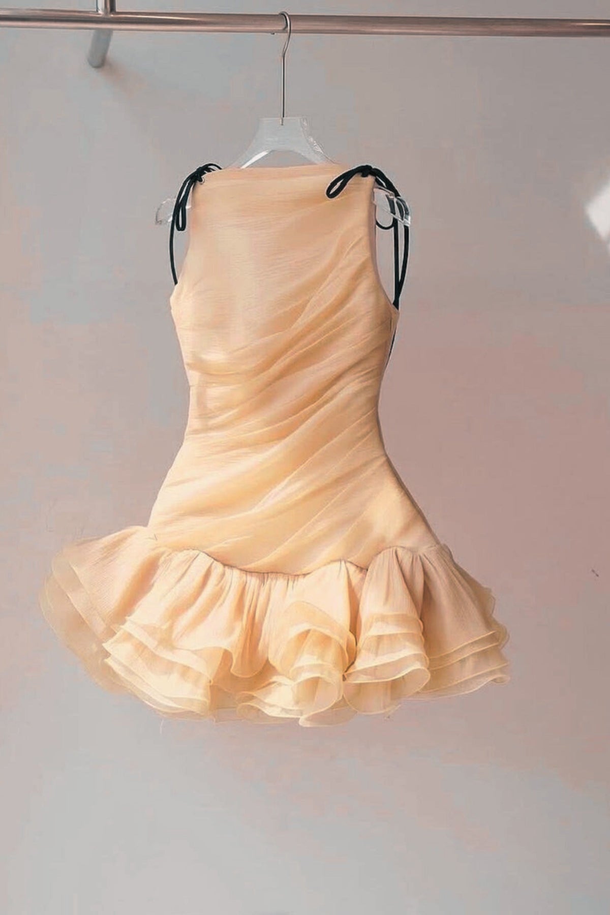 Ruched Ruffle Hem Sleeveless Mini Dress in Apricot Avalabel