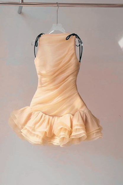 Ruched Ruffle Hem Sleeveless Mini Dress in Apricot