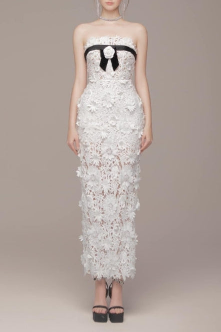 Strapless Flower Embroidery Maxi Dress In White Avalabel