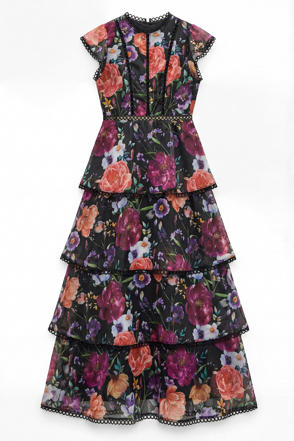 Black Floral Print Tiered Ruffle Maxi Dress Avalabel