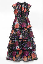 Black Floral Print Tiered Ruffle Maxi Dress Avalabel