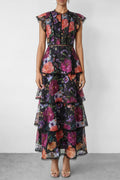 Black Floral Print Tiered Ruffle Maxi Dress Avalabel