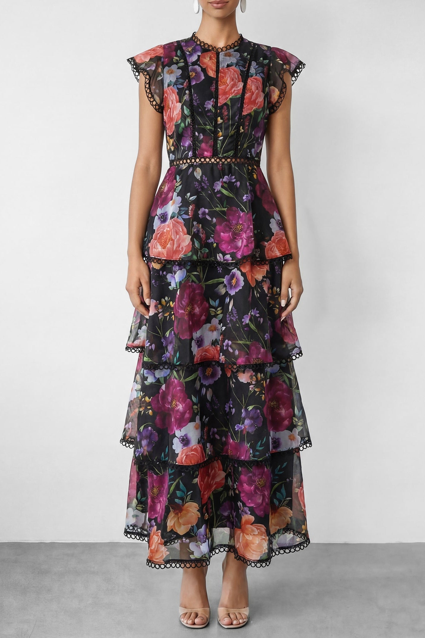 Black Floral Print Tiered Ruffle Maxi Dress Avalabel