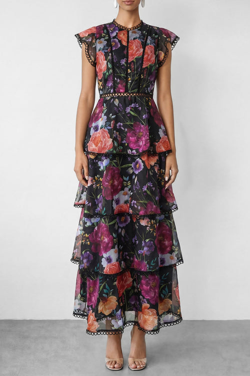 Black Floral Print Tiered Ruffle Maxi Dress Avalabel