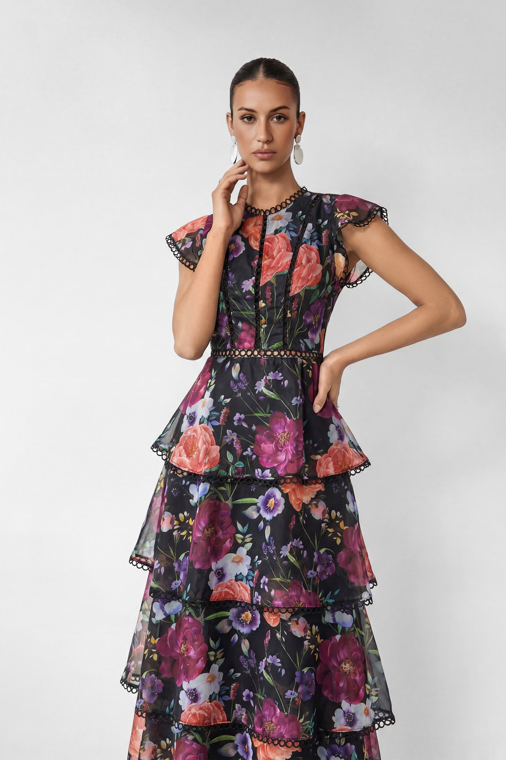 Black Floral Print Tiered Ruffle Maxi Dress Avalabel