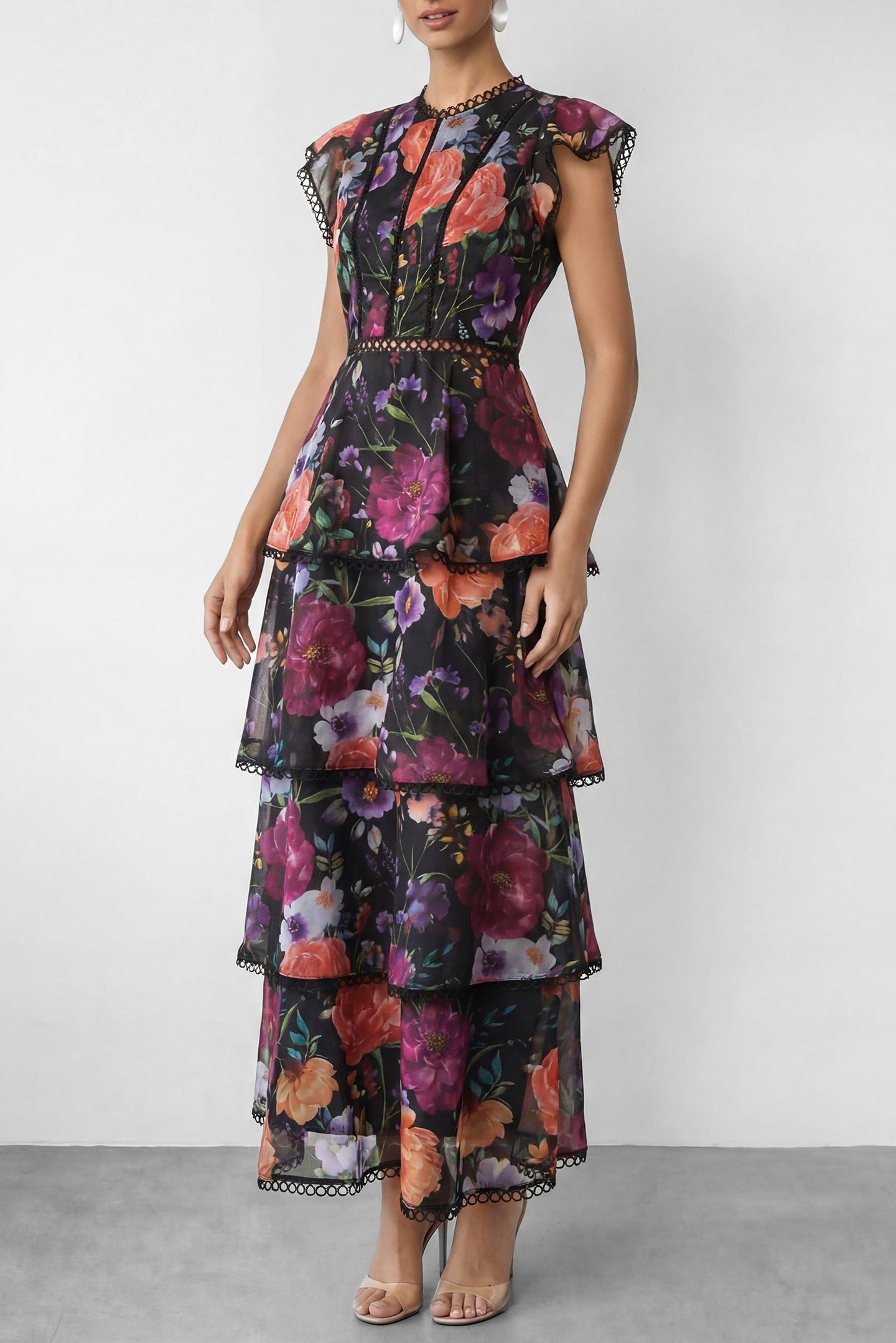 Black Floral Print Tiered Ruffle Maxi Dress Avalabel