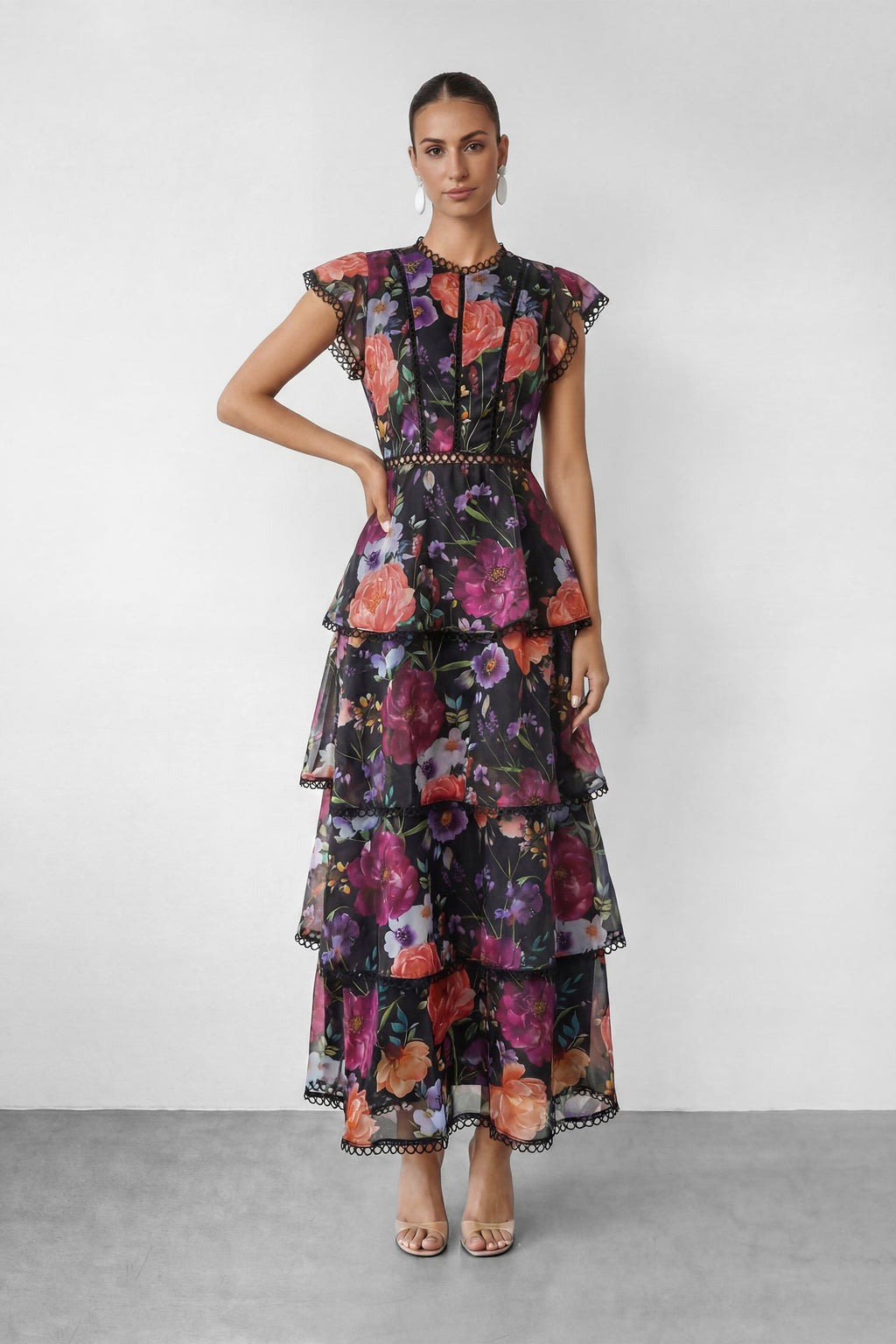 Black Floral Print Tiered Ruffle Maxi Dress Avalabel