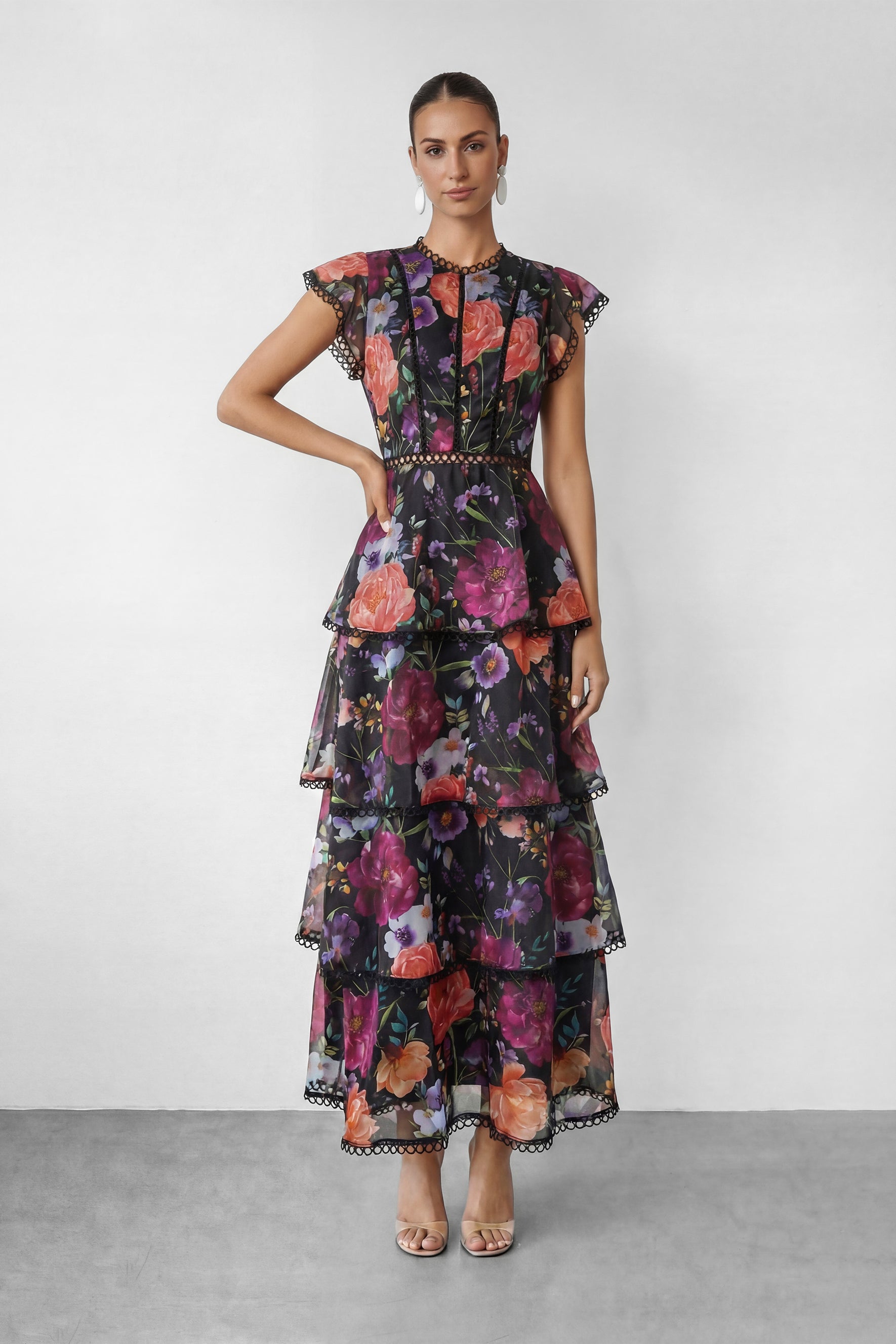 Black Floral Print Tiered Ruffle Maxi Dress Avalabel
