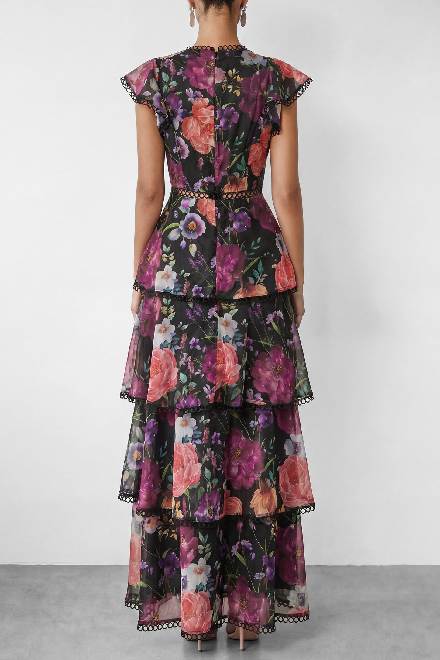 Black Floral Print Tiered Ruffle Maxi Dress Avalabel