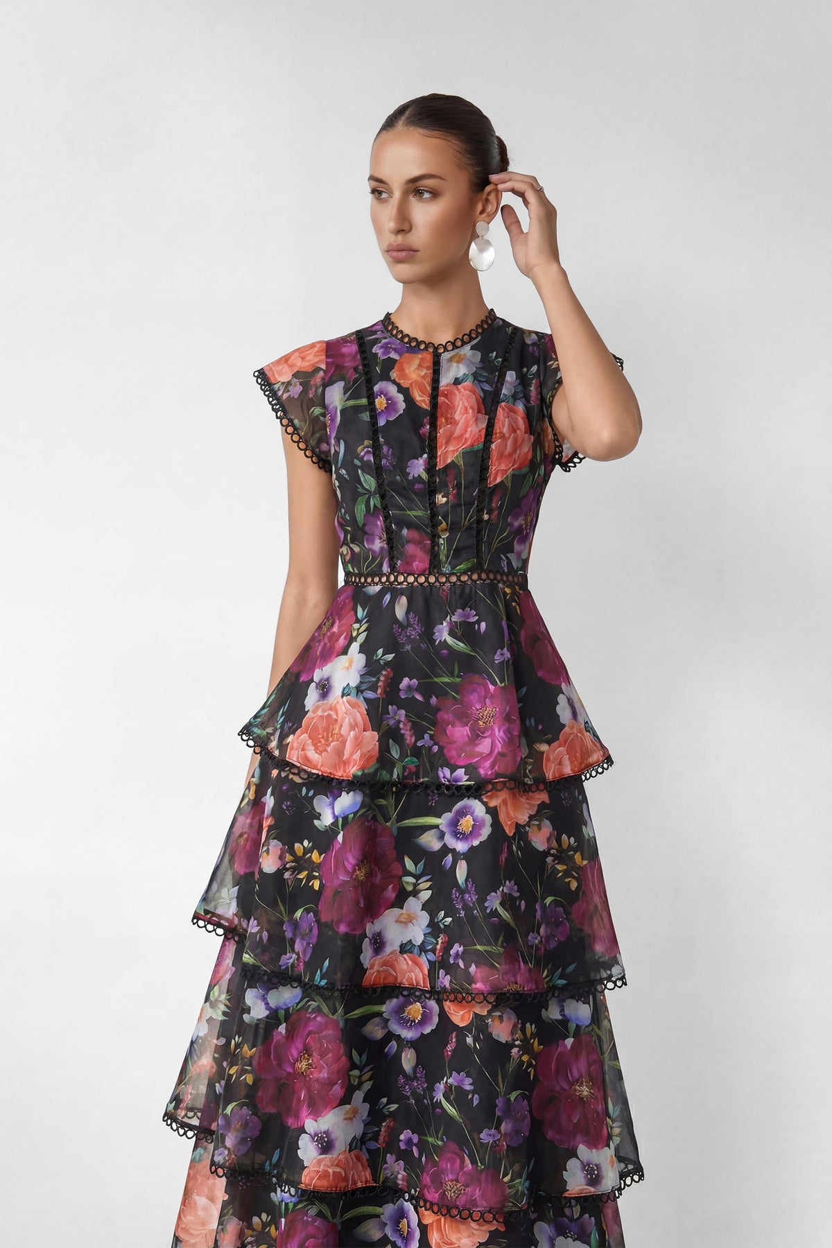 Black Floral Print Tiered Ruffle Maxi Dress Avalabel