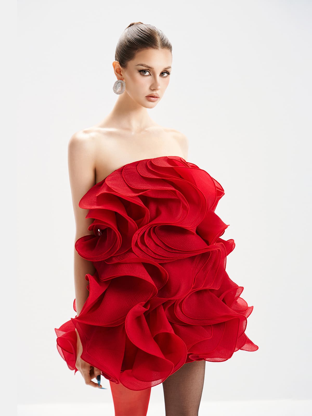 verna Multi-layered 3d pleated mini dress in red Avalabel