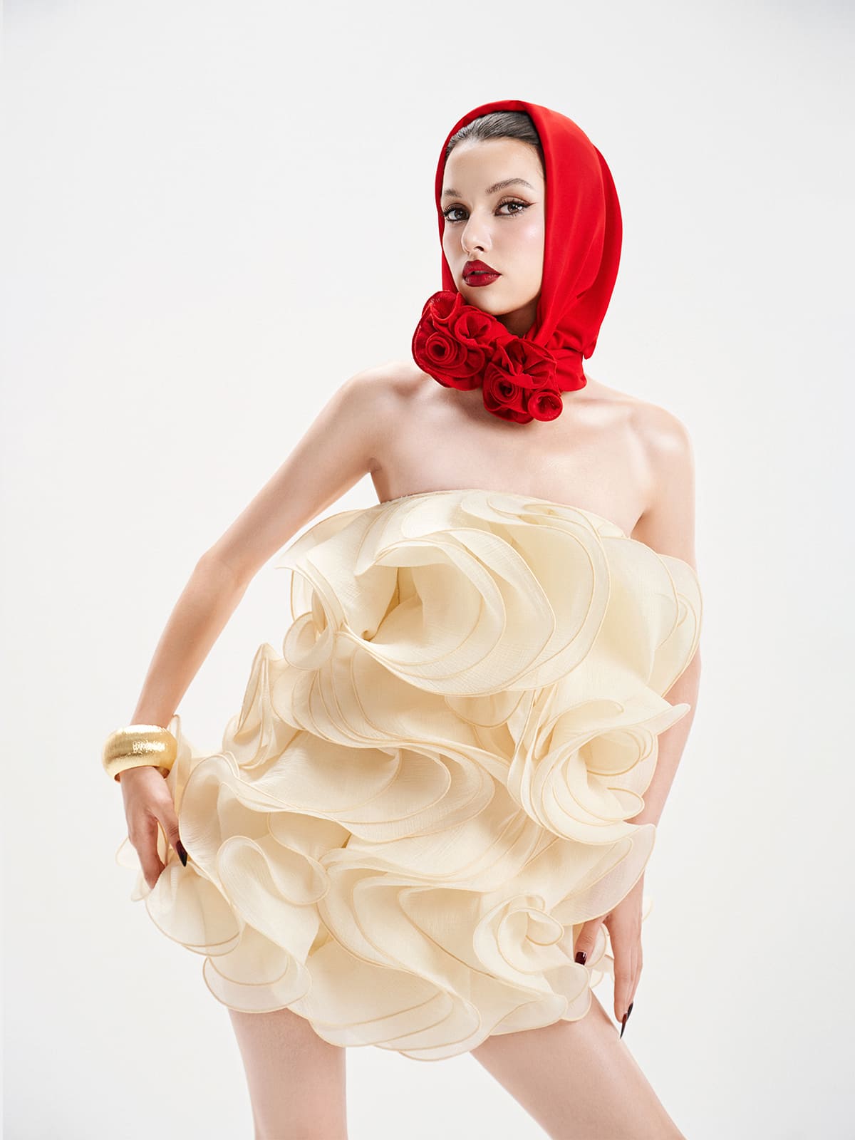 verna Multi-layered 3d pleated mini dress in beige Avalabel