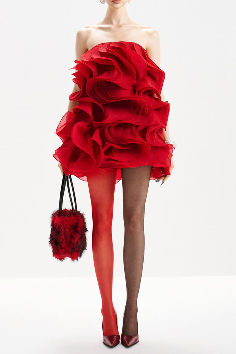 verna Multi-layered 3d pleated mini dress in red Avalabel