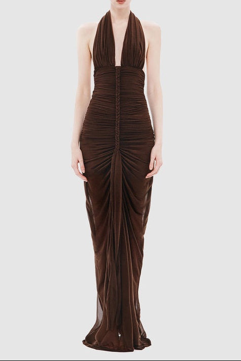 Nancy V-Neck Pleated Braided Bodycon Maxi Dress - Brown Avalabel