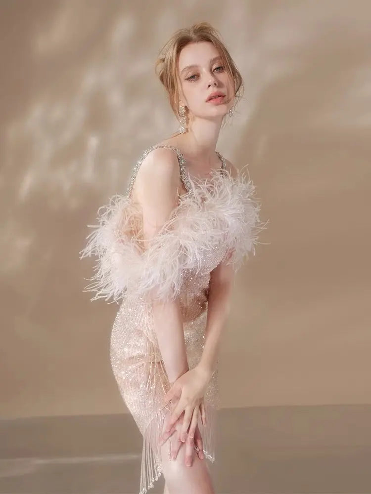 priscilla sequin feather crystal-strap mini dress in pink Avalabel