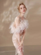 priscilla sequin feather crystal-strap mini dress in pink Avalabel