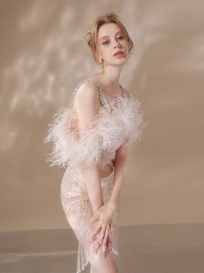 priscilla sequin feather crystal-strap mini dress in pink
