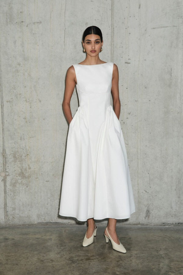 Stretch Cotton Sateen Midi Dress in white Avalabel