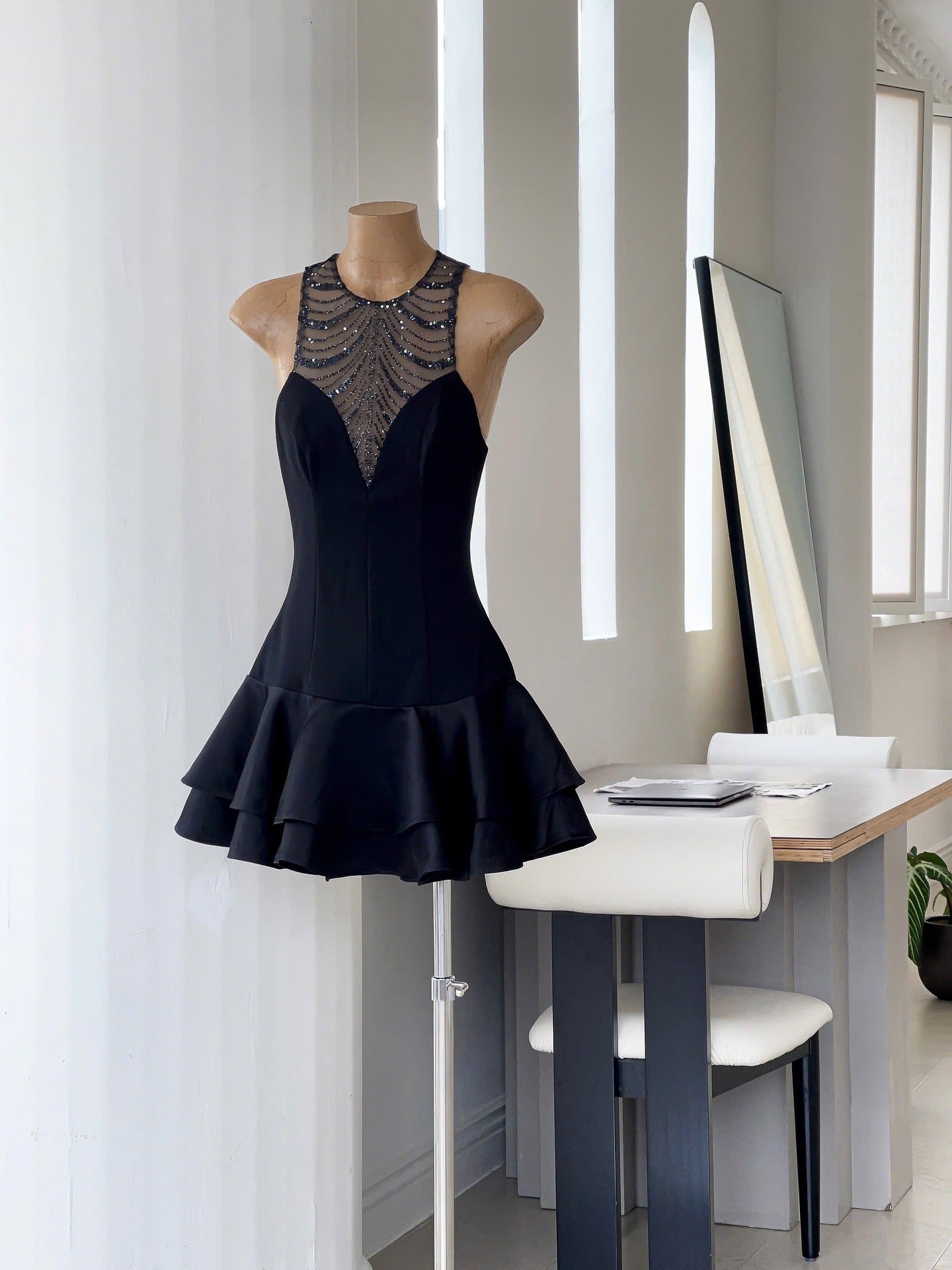 Jessica Sequin Tulle Ruched Hem Mini Dress in Black Avalabel