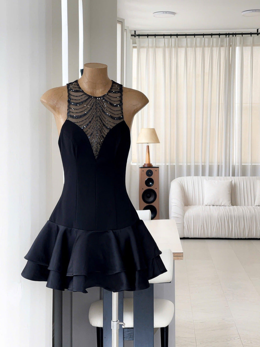 Jessica Sequin Tulle Ruched Hem Mini Dress in Black Avalabel