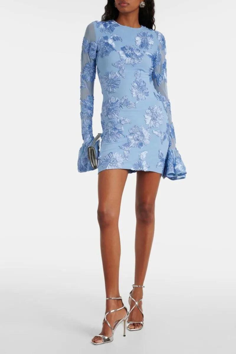 Floral-Embroidered Mesh Mini Dress In Blue Soraya