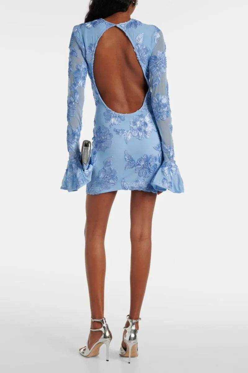 Floral-Embroidered Mesh Mini Dress In Blue Soraya
