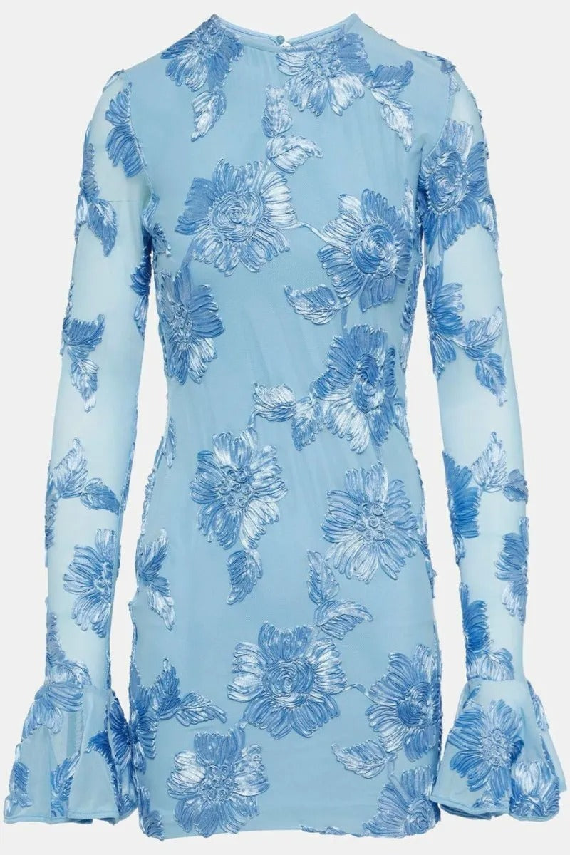 Floral-Embroidered Mesh Mini Dress In Blue Soraya