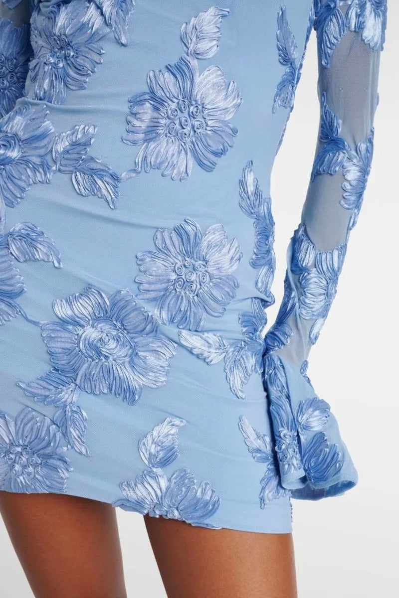 Floral-Embroidered Mesh Mini Dress In Blue Soraya