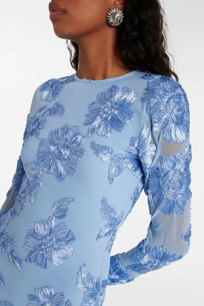 Floral-Embroidered Mesh Mini Dress In Blue Soraya