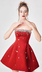 RED CRYSTAL-EMBELLISHED STRAPLESS MINI DRESS Avalabel