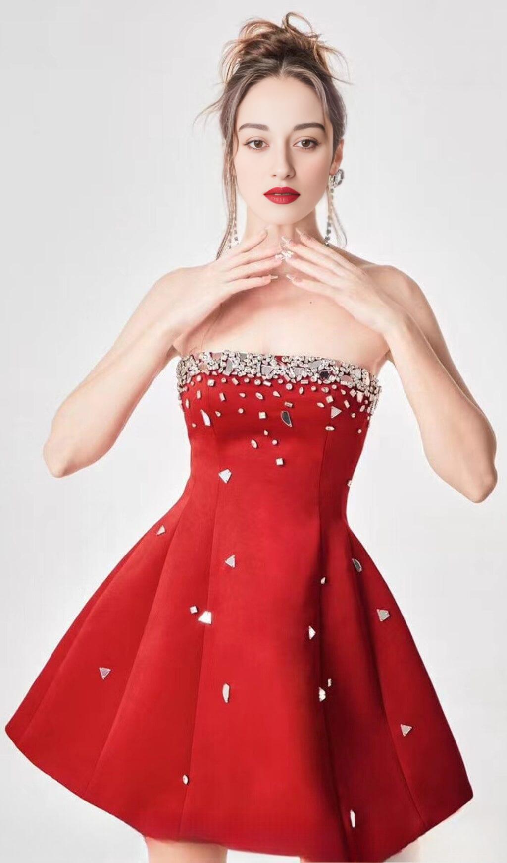 RED CRYSTAL-EMBELLISHED STRAPLESS MINI DRESS Avalabel