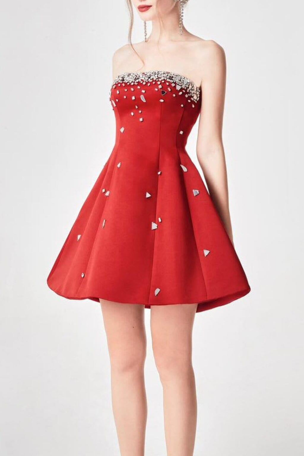 RED CRYSTAL-EMBELLISHED STRAPLESS MINI DRESS Avalabel